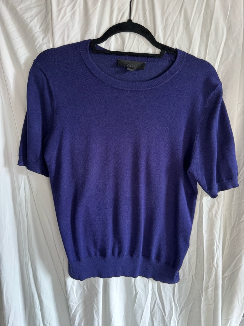 Zara Indigo Blue Short Sleeve Fine Knit Sweater Top Size L